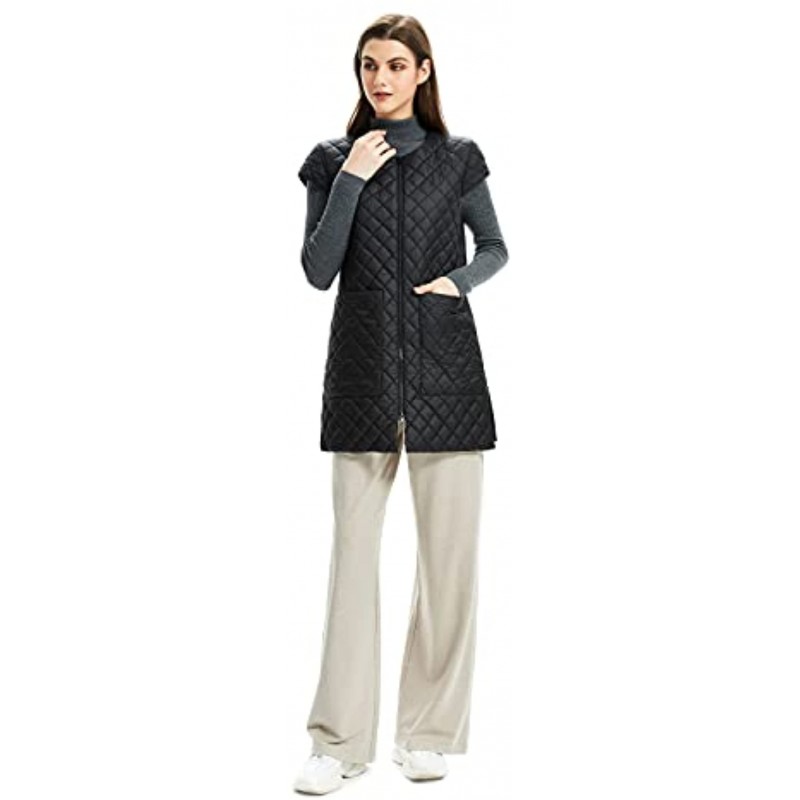 PACIBE Womens Lightweight Long Vest with Two Big Pocket Winter Zipper Cap Sleeve Jacket Soft Waistcoat