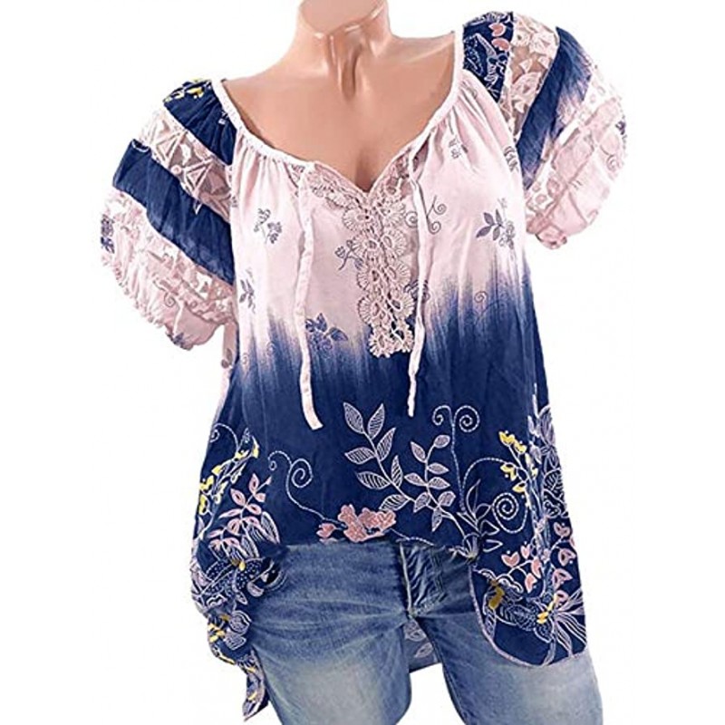 Plus Size Tops for Women Lace Hollow Contrast Color Blouse Short Lantern Sleeve Shirt V-Neck Floral Print Tunic