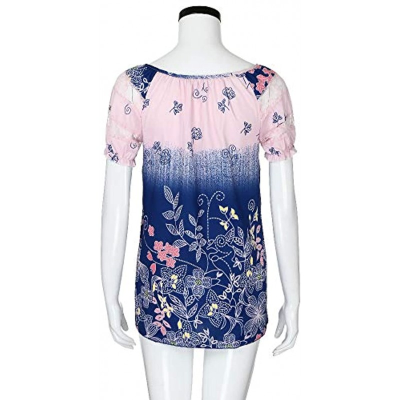 Plus Size Tops for Women Lace Hollow Contrast Color Blouse Short Lantern Sleeve Shirt V-Neck Floral Print Tunic