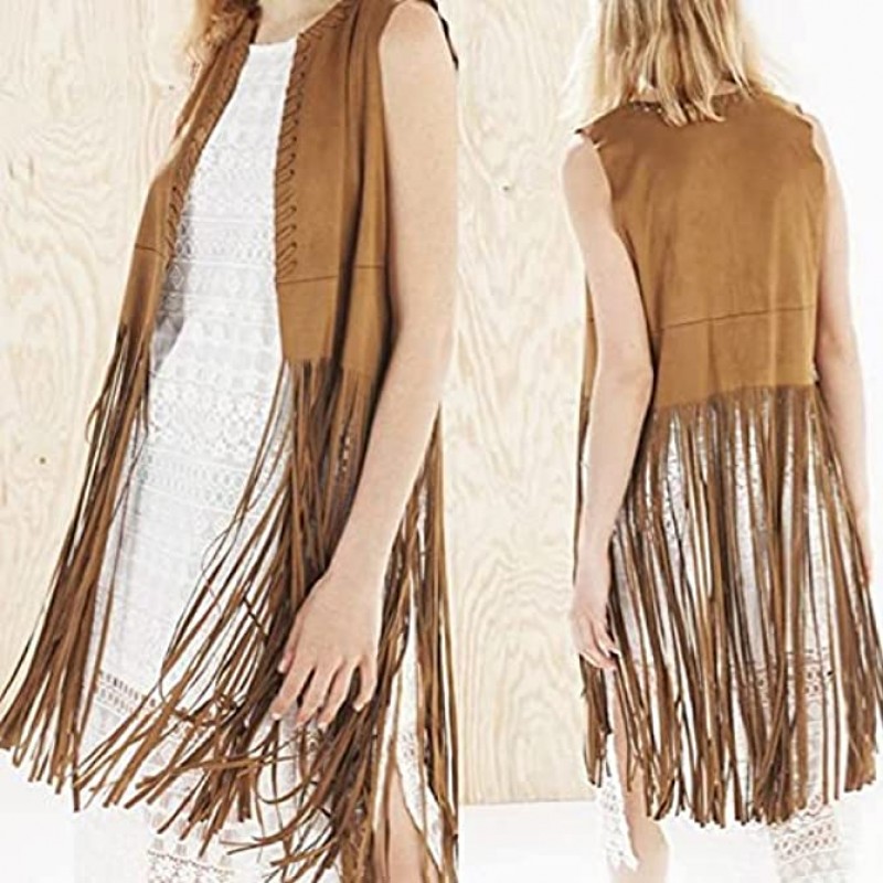Womens Fringe Vest Faux Suede Tassels Jacket 70S Cowgirls Western Hippie Clothes Open-Front Sleeveless Cardigan,g