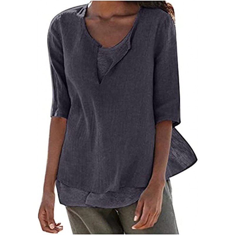 Womens Tshirts Fake Two Layers V-Neck Blouse Retro Solid Mid-Length Sleeve Ladies Linen Tops Casual Flowy Loose Tee