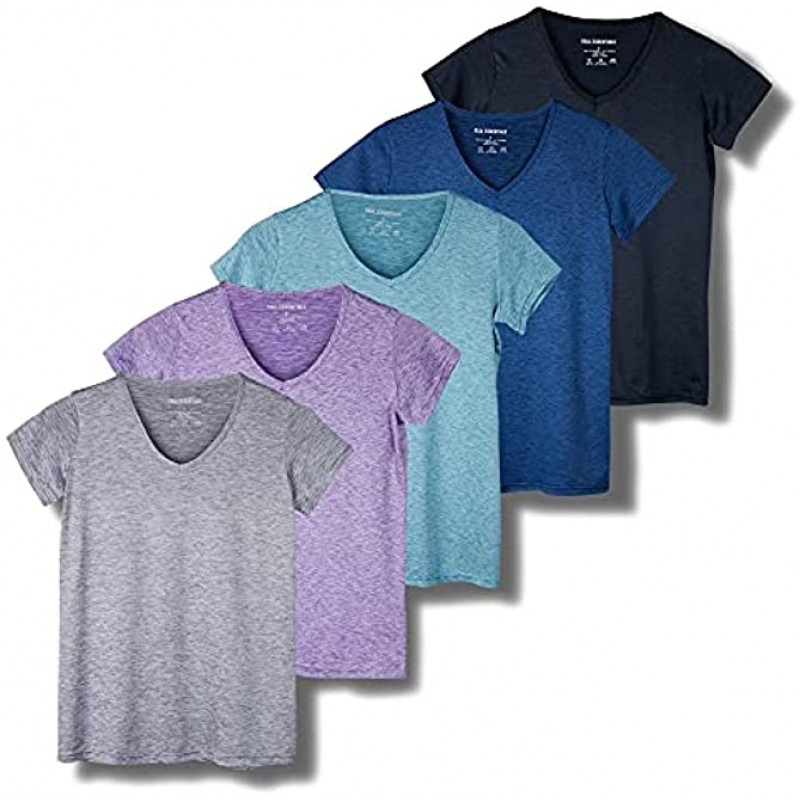 5-Pack Women's Short Sleeve V-Neck Activewear T-Shirt Dry-Fit Moisture Wicking Perfomance Yoga Top Available in Plus Size