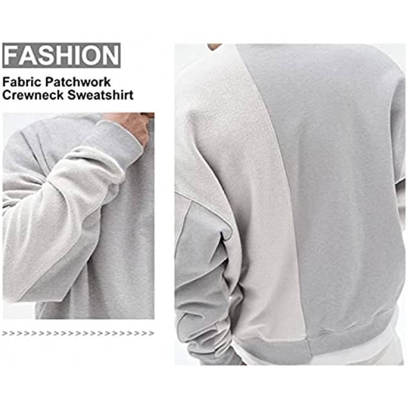 Surenow Mens Patchwork Crewneck Sweatshirt Long-Sleeve Lightweight Terry Sweatshirt Casual Workout Pullover Shirt Tops