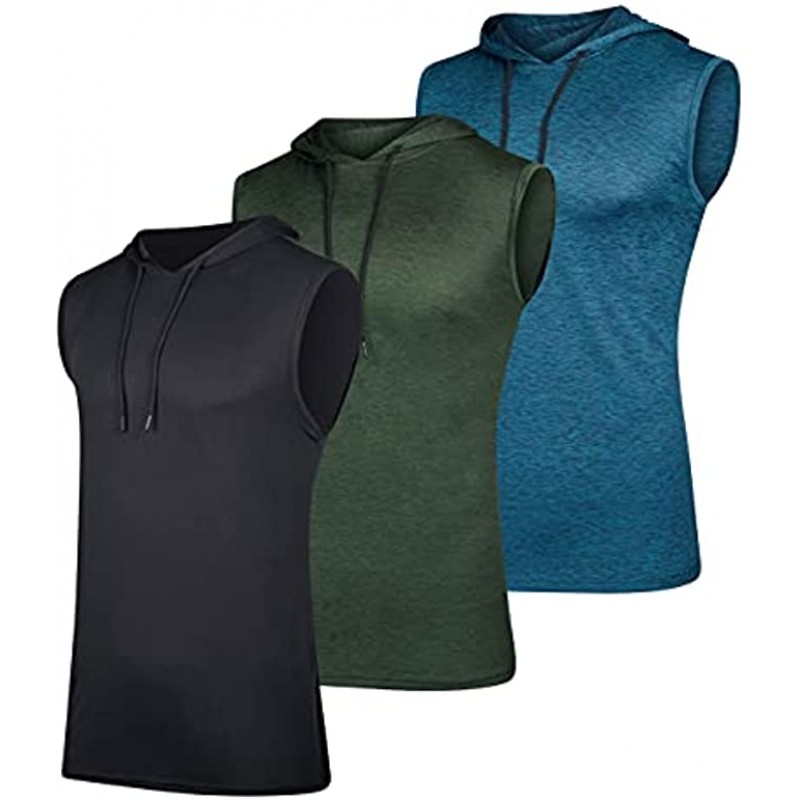 3 Pack: Men’s Dry-Fit Active Hooded Tank Top Workout Sleeveless Hoodie with Drawstring