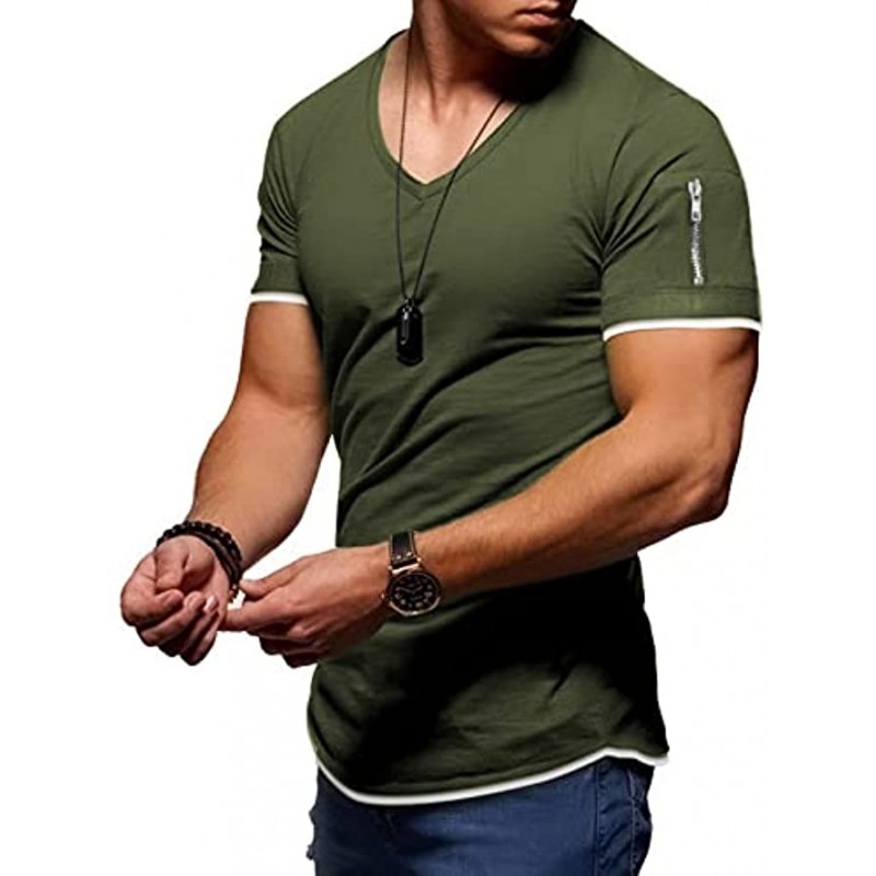 iWoo Men's V Neck Tee Shirts Casual Athletic Muscle T-Shirts Zipper Pocket Tee Pullover Tops Contrast Color Shirt