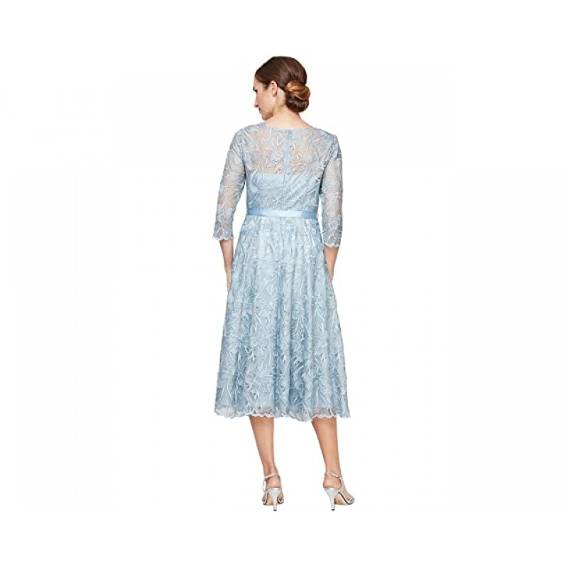 Alex Evenings Midi Length Embroidered A-Line Dress with Tie Belt Hydrangea