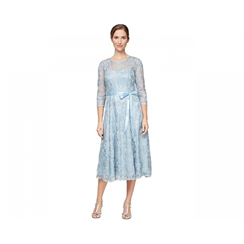 Alex Evenings Midi Length Embroidered A-Line Dress with Tie Belt Hydrangea