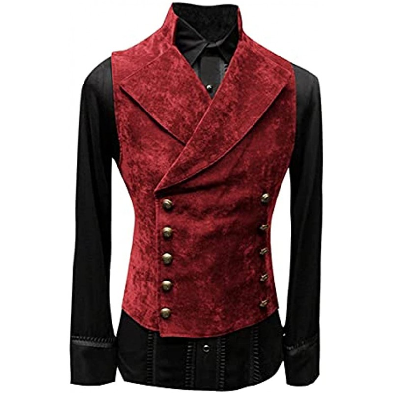 QWENTMTNTY Mens Faux Leather Suede Suit Vest Slim Double Breasted Gothic Victorian Waistcoat Lapel Collar Down Vest Jackets