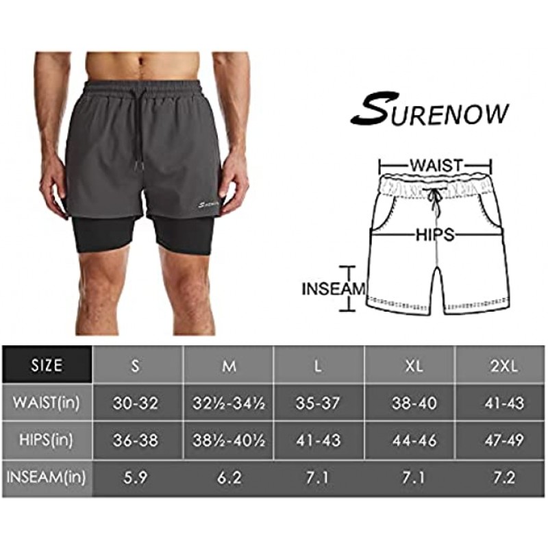 Surenow Mens 2 in 1 Running Shorts Quick Dry Athletic Shorts with Liner Workout Shorts with Zip Pockets and Towel Loop