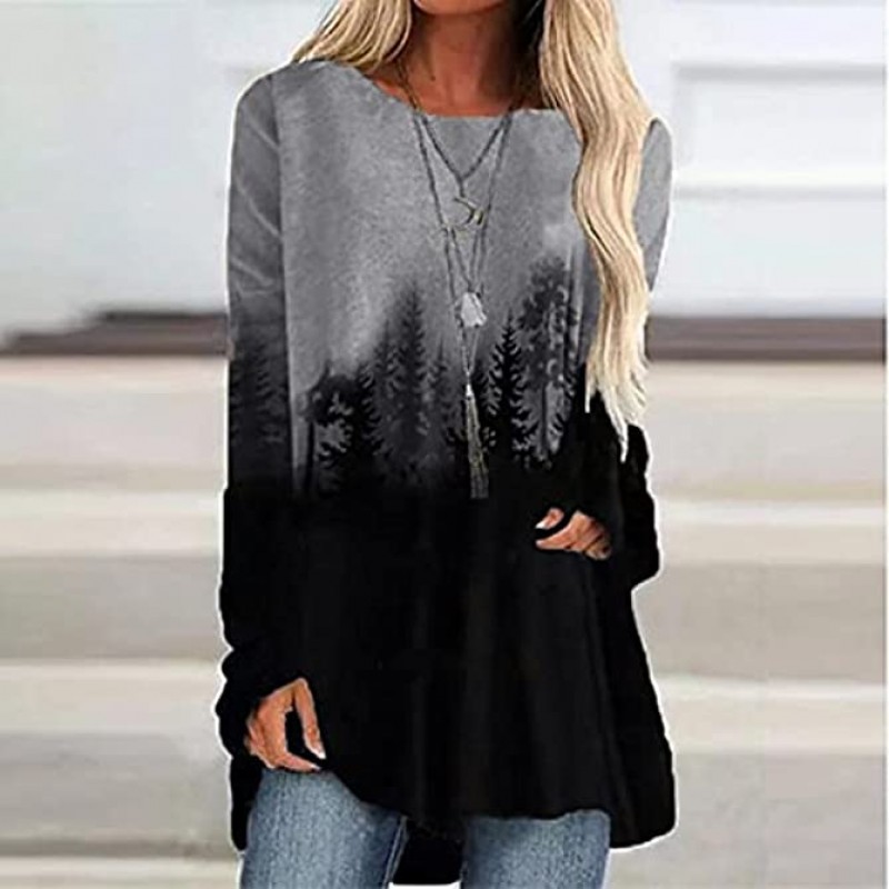 FABIURT Long Sleeve Shirts for Women Trendy Plus Size Print Crewneck Pullover Top Loose Cute Graphic Tunic Sweater Shirt